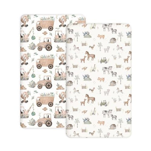 Pack N Play Sheets 2 Pack, 27"x39" Fitted Mini Crib Sheets Baby Boys Girls | Fit for Pack N Play and Mini Crib Mattresses, Stretch Jersey Knit, Snug Fitted Edge, Machine Washable (Little Farm)