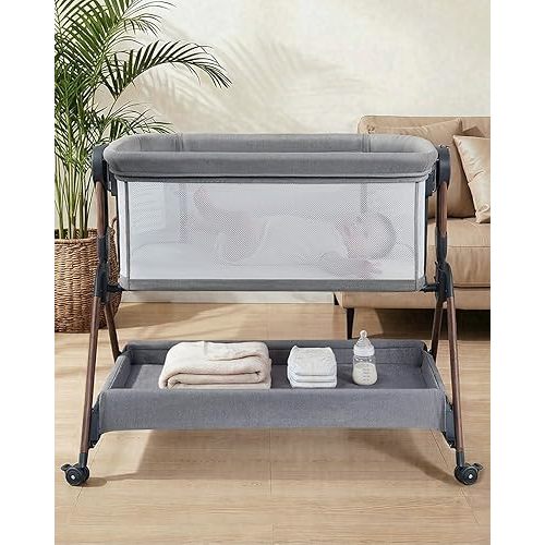Winchild Bassinet - Baby Bassinet,3-in-1 Baby Bassinet Bedside Sleeper, Rocking Bassinet with Wheels,Breathable Sheet,Full-Mesh Sides,Storage,6 Height Adjustable Crib, for Day and Night(Mesh Grey)