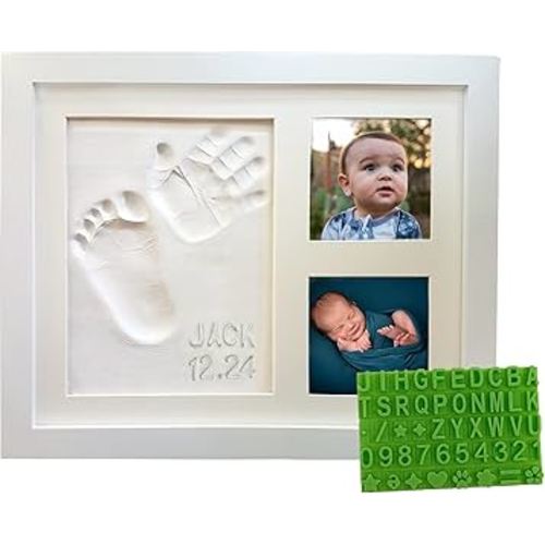 Baby Hand & Footprint Frame Keepsake Kit | Capture Milestone Moments with Safe Clay, Stencil Set & Wood Frame | Perfect Newborn Gift for Baby Showers | White