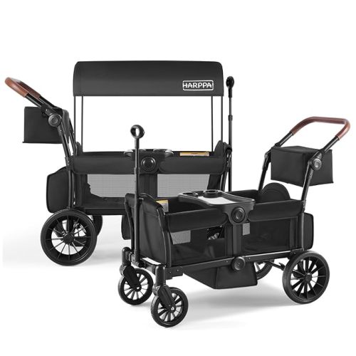 HARPPA All-Terrain Wagon Stroller for 2 Kids, Foldable Outdoor & Beach Stroller Wagon with Removable Canopy, Adjustable Push & Pull Handle, Footwell & Large Storage, Black