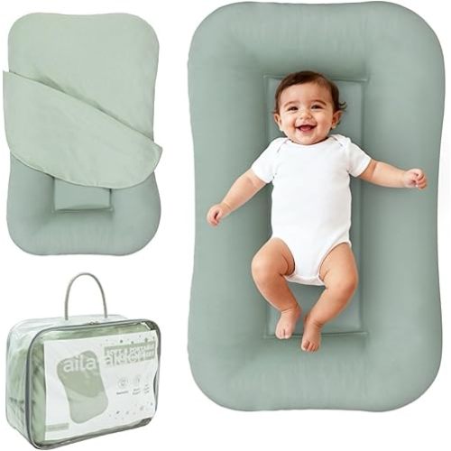 Aila + Aiden Baby Lounger | Organic Cotton Infant Lounger | Adjustable & Portable Floor Lounger | Supervised Use | Soft, Breathable, Washable Cover - Snuggle Collection - (Sage)
