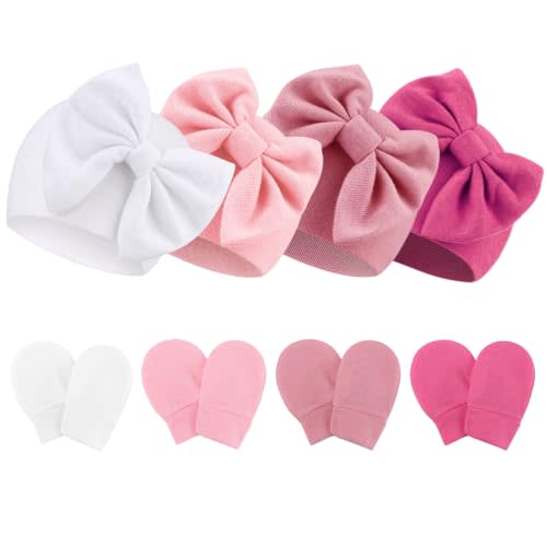 Newborn Baby Hats and Mittens Set Infant Bow Beanie Cap Toddler Gloves Newborn Hospital Hats for Baby Boy Girl 0-6 Months