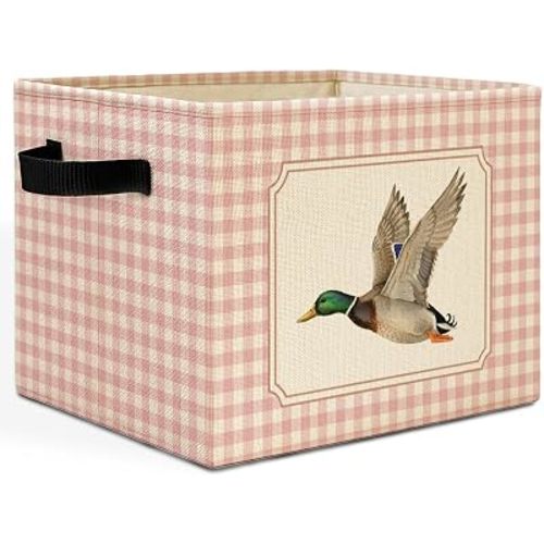 Pink Checkered Mallard Duck Storage Bins Box with Handles, Flying Mallard Duck Preppy Laundry Basket Hamper Collapsible Clothes Toys Organizer for Baby Boy Girl Nursery Bedroom