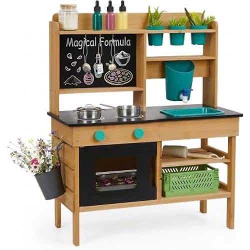 Outdoor Wooden Mud Kitchen for Kids with Water Tank, Sink and Chalkboard