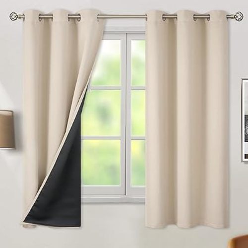 BGment Thermal Insulated 100% Blackout Curtains 63 Inch Length 2 Panels, Total Light Blocking Curtains for Bedroom, Grommet Window Drapes with Thick Black Liner, 42 Inch Wide Each Panel, Champagne