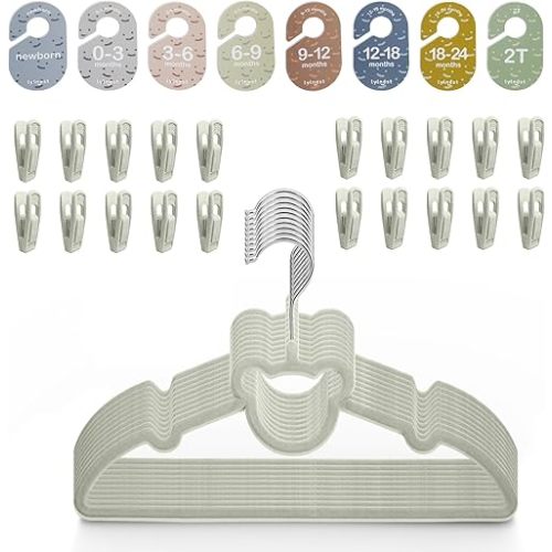 Velvet Baby Hangers with Clips – Organize Baby Clothes by Age with Size Dividers – Save Closet Space for Newborn to Toddler Outfits – Perfect Nursery Must-Have (Moonstone)