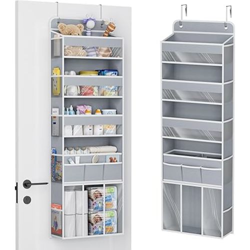 COOLBEBE Over the Door Organizer, 5-Shelf Door Organizer Hanging with 3 in 1 Movable Caddy, Heavy-Duty Behind the Door Storage for Nursery Bathroom Bedroom Closet and Baby Essentials (Grey)