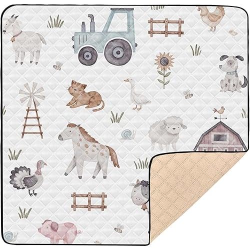 Baby Play Mat Watercolor Farm Animals Tractor 50 x 50 Playpen Mat Baby Play Mats for Floor Play Gym Crawling Mat Non-Slip Cushioned Baby Playmat for Infants, Babies, Toddlers