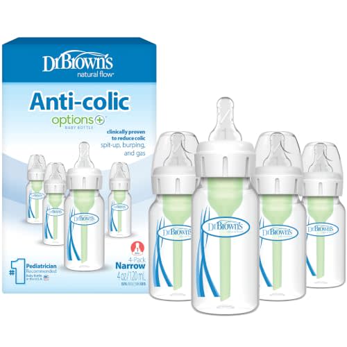 Dr. Brown's Anti-Colic Options+ Narrow Baby Bottle, Clear, 4 oz, 4-Pack | Clinically Proven to Reduce Colic, Pack of 4 Baby Bottles with Level 1 Slow Flow Nipples, 0m+, BPA-Free