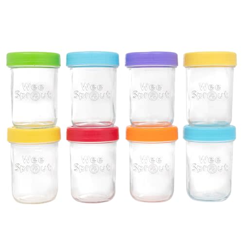 WeeSprout Glass Baby Food Storage Jars w/Lids (8 oz, 8 Pack Set) Snack, Puree, Reusable Small Containers, Breast Milk, Fridge or Freezer, Microwave & Dishwasher Safe, Essential Must Have for Infants