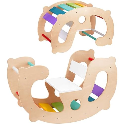 OOOK 2 in 1 Rainbow Climbing Toys - Pikler Montessori Climbing Set, Wooden Rocking Horse Toy, Children Indoor Outdoor Play Gym Learning Playset, Playground for Kids Present