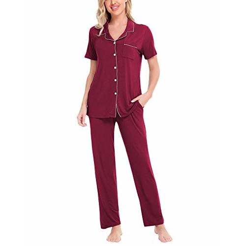 SWOMOG Women Pajama Sets Two-Piece Nightwear Short Sleeve Sleepwear Button Down Pj Lounge Sets with Long Pants