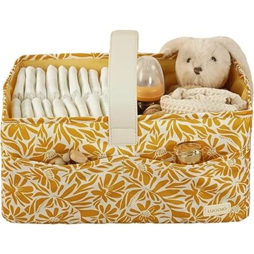 Floral Baby Diaper Caddy Organizer, Nursery Storage Basket For Newborn Essentials and Diaper Changing Station, Baby Shower Gifts(Yellow)