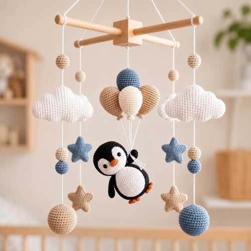 Crochet Penguin Baby Mobile, Hot Air Balloon Crib Mobile, Cloud Star Nursery Decor, Handmade Baby Shower Gift