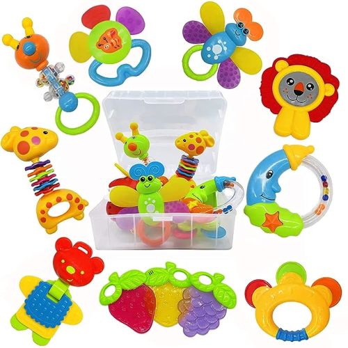 Baby Toys 0-6 Months Infant Toys 0-3 Months Infant Rattles Baby Rattle Teether Toy Set with Storage Box Musical rattles for Newborn Boy Girl Gifts Set with Baby's First Rattle Teether (11pcs)