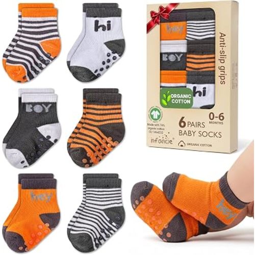 GOTS Organic Cotton Blend 12 Infant Socks 0-6 M Boys Non Slip Shower Gift