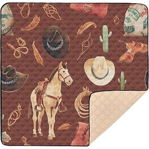 Western Cowboys Artwork Brown Soft Padded Baby Playmat for Indoor Outdoor Kicking Mat for Babies Infants Toddlers, 50'' x 50''