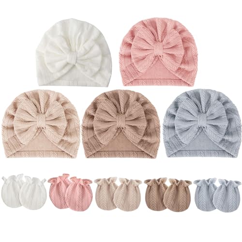 BQUBO Baby Turban Hats and Mittens Set Newborn Infant Hospital Hats Caps with Bows for Baby Boys Girls 0-12 Months