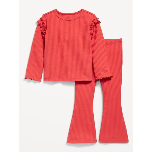 Long-Sleeve Ruffle-Shoulder Top and Flare Leggings Set for Toddler Girls
