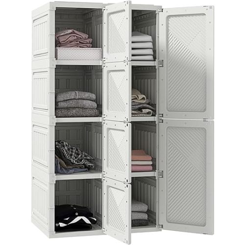 HOMCOM Portable Wardrobe Closet Cabinet Foldable Plastic Clothes Storage Organzier for Bedroom with 8 Cube Compartments Magnet Doors Easy Assembly White