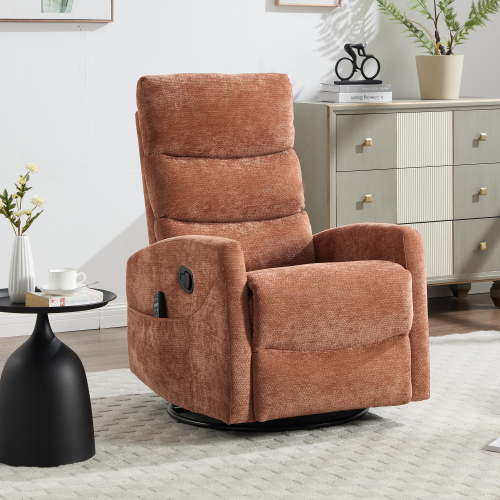 HSUNNS 360° Swivel Rocker Recliner Chair with Heat Massage, Chenille Manual Single Rocker Sofa Recliner Chair with Side Pockets for Living Room Home Theater, Orange