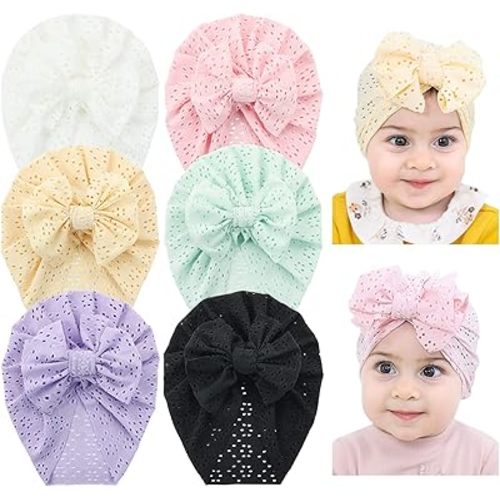 Cinaci 6 Pack Breathable Soft Big Bow Turban Hats Beanie Caps Headwraps for Baby Girls Infants Toddlers Kids