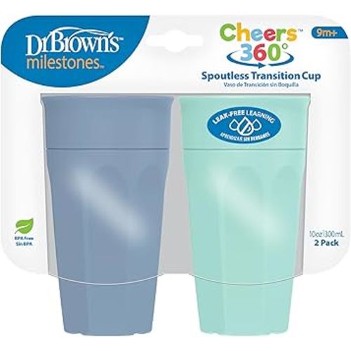 Dr. Brown's Milestones Cheers 360 Spoutless Transition Cup, Travel Friendly and Leak Free Sippy for Babies and Toddlers, Aqua and Blue, BPA-Free, 10 oz/300 mL, 9m+
