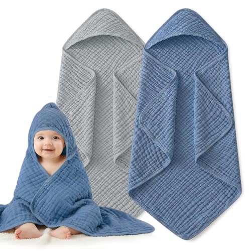 Muslin Hooded Baby Towels 2 Pack, 100% Cotton Baby Bath Towels for Newborn | 6-Layer Muslin Cotton, Ultra Soft & Highly Absorbent, 32x32 Inch, Deep Hood, Newborn to Toddler, Neutral Unisex