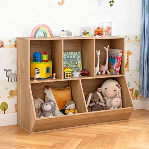 Costzon Toy Organizers and Storage with Bookshelf, Wooden 5 Cubby Children’s Book Shelf Toy Storage Cabinet Bookcase for Kids Room, Playroom, Kindergarten, Nursery (Natural)