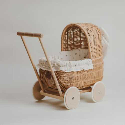 Handwoven Wicker Doll Pram: Boho Berry Bedding, Handmade in Poland