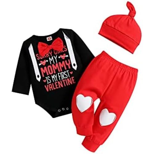 Newborn Baby Boys Valentine's Day Outfits My 1st Valentine's Day Romper Bodysuit Heart Letter Trousers Hat Set