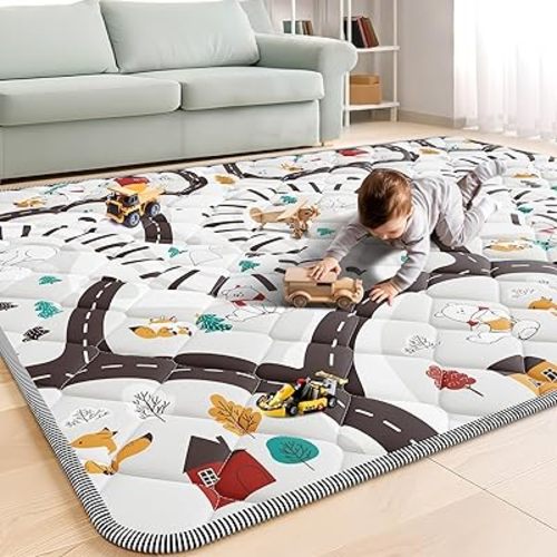 Palopalo 71x59in Baby Play Mat for Floor, Extra Large Playmat for Playpen, Soft and Non-Slip Baby Crawling Blanket for Babies, Toddlers and Infants, Machine Washable for Easy Care, Train Tracks