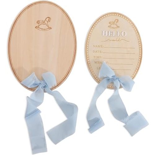 Hello World Wooden Baby Birth Announcement-Wooden Horse Bow Nursery Decorations, Hospital Newborn Information Record, Sign with Blue Bow, Birth Milestone Bulletin Board Photo Props