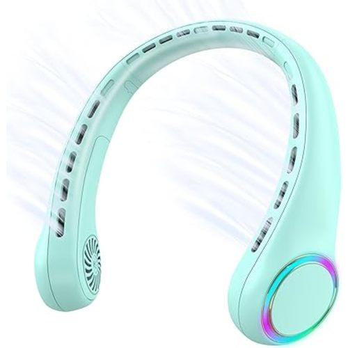 Portable Neck Fan, Personal Fan with 4000mAh Battery, Rechargeable Neck Fan with 3 Speeds and 64 Cool Lights, Birthday Gifts for Men Women Mom Dad, Hands Free Cooling fan for Summer(Green)