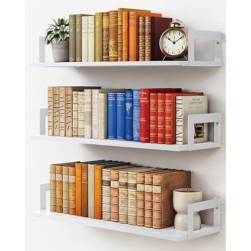 24 Inch Floating Wall Bookshelf for Kids Bedroom, White Large Wall Shelves for Bathroom Over Toilet, Deep Long Floating Book Shelves for Teen Girls Boys Office Classroom Living Room (Set of 3)