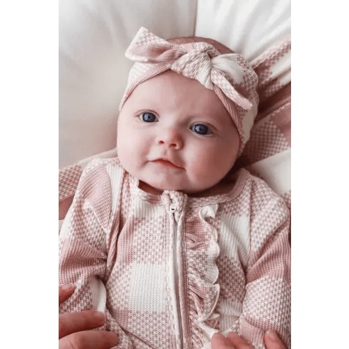 Big Check Bamboo Waffle Zipper Ruffle Footie | Rosy