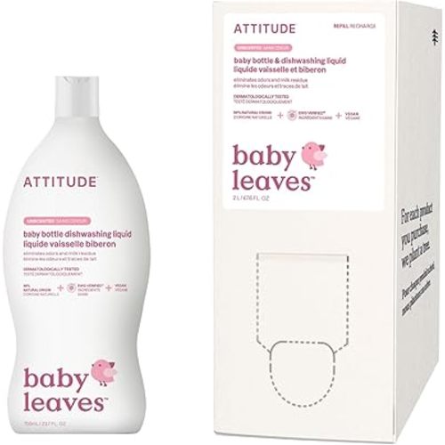 Bundle of ATTITUDE Baby Dish Soap, Plant-Based Dish Liquid, Extra Gentle on Sensitive Skin, Tough on Milk Residue & Grease on Bottles, Fragrance Free, 23.7 Fl Oz + Bulk Refill 67.6 Fl Oz