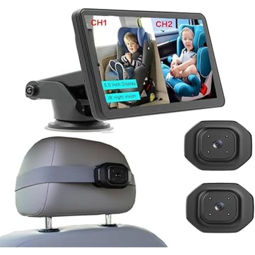 Car Baby monitorr，Baby Car Camera for 2 Kids - 5" Dual Channel Car Baby Monitor with Split Screen,Night Vision, Wide View, Easy Install Rear Facing Backseat Camera for Baby