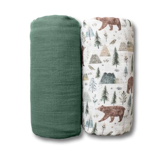 Miaoberry GOTS Certified Organic Muslin Swaddle Blankets, 2 Pack Baby Receiving Blankets, Soft Breathable Cotton Swaddles for Newborn Boys & Girls, Forest Bear & Green