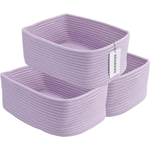 Small Woven Storage Baskets 13“X9”X5“ Decorative Rope Bins for Organizing Shelves, Closets, and Toys, Empty Gift Baskets, Cute Organizer Basket for Home and Office (purple, Large)