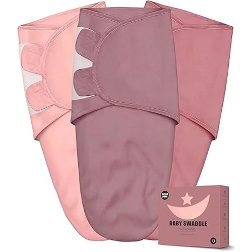 Newborn Swaddle Blanket Wrap 0-6 Months (3-Pack) - Adjustable Infant Sleep Sack, 100% Cotton Anti-Startle Soothing Sack, Soft Breathable Nursery Bedding - Dusty Rose + Pearl + Mauve
