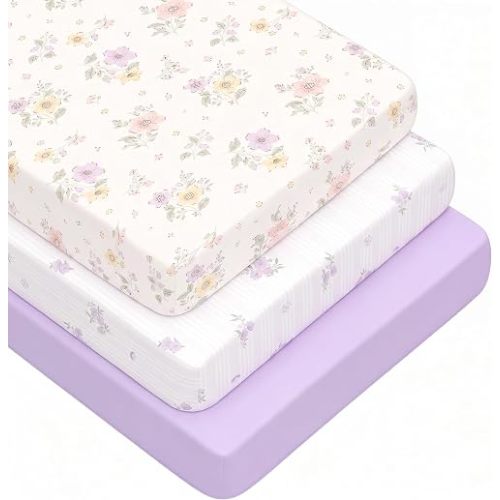 3 Pack Crib Sheets for Girls – Fitted Crib Sheets for Standard Crib Mattress and Toddler Mattress, Ultra Soft Breathable Washable Polyester, 28x52inch - Purple & Flower