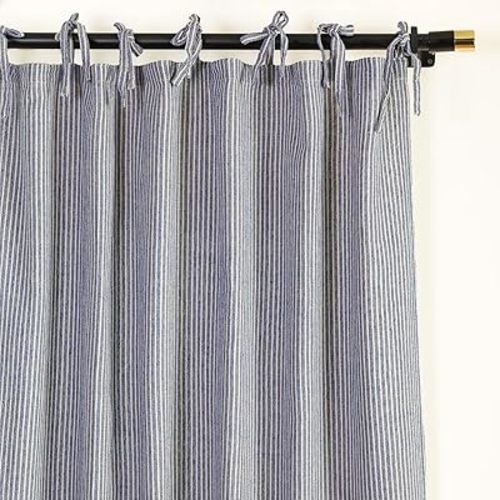 THE ART BOX Gauze Striped Curtains, Boho Linen Gauze Tie Top Hanging Curtains 2 Panel Set, Light Filtering Door Window for Bedroom/Living Room Home Décor Navy Blue on White (L84”xW42” Each Panel)