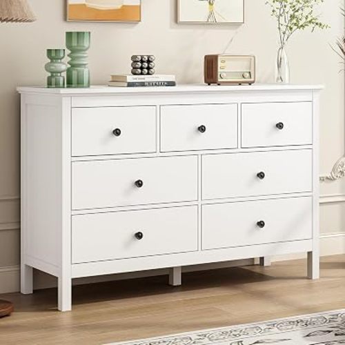 White Dresser for Bedroom, 47" Modern 7 Drawer Dressers with Black Handles