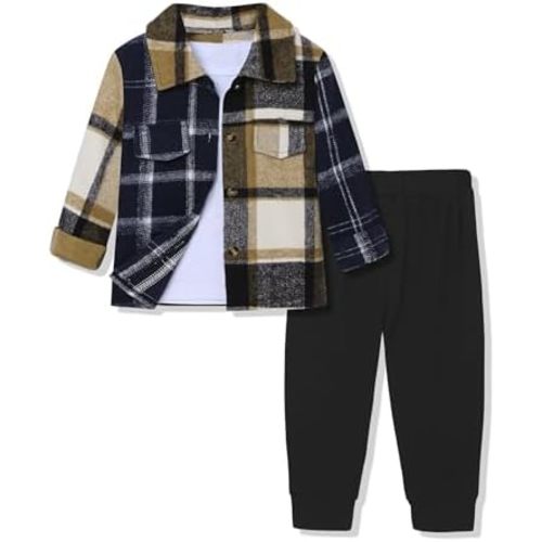 Crazyme 3Pcs Toddler Boy Clothes Plaid Shirt & White T-Shirt & Pants Boys Fall Outfits Clothing Set for Kids 6M to 6Y