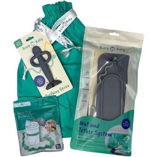 Busy Baby Gift Set - Includes 1 Busy Baby Mat 1 - Bottle Bungee 1- Teething Spoon and 4 Universal Bungee Straps in a Gift Bag, Keeps Baby Essentials Within Reach (Pewter)