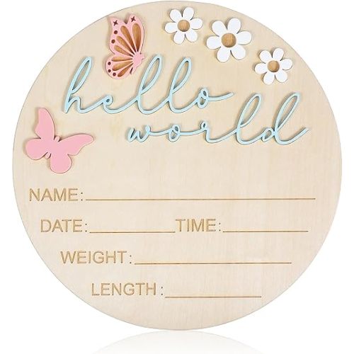 Hello World - Letrero de madera para recién nacido, 5.9 pulgadas, letrero de anuncio de bebé, estilo mariposa rosa, tablero de bienvenida de nacimiento para niños recién nacidos, accesorios para fotos