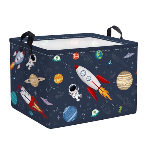 Clastyle Rocket Astronaut Shelf Basket for Boys Cosmic Planet Universe Blue Storage Bin Rectangle Clothes Books Toy Storage Cube, 36L