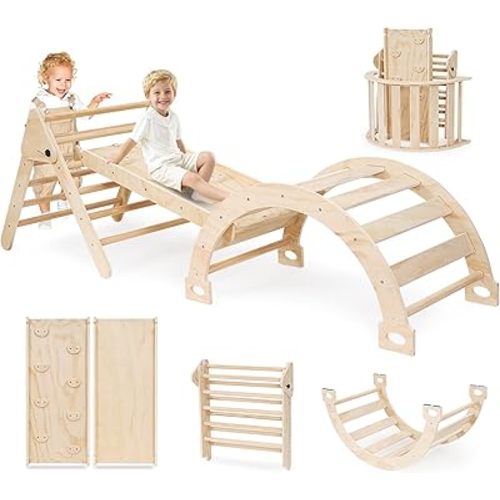 Pikler Triangle Set for Toddlers, 7-in-1 Foldable Montessori Climbing Gym with Safety Strap on Slide, Indoor Wooden Arch, Ramp, Ladder for Active Play - Natural