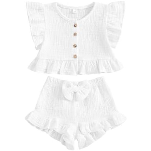 BemeyourBBs Summer Toddler Girl Clothes Baby Girl Ruffle Sleeveless Shirt with Buttons Bow Bloomers Shorts Set Cute Outfits